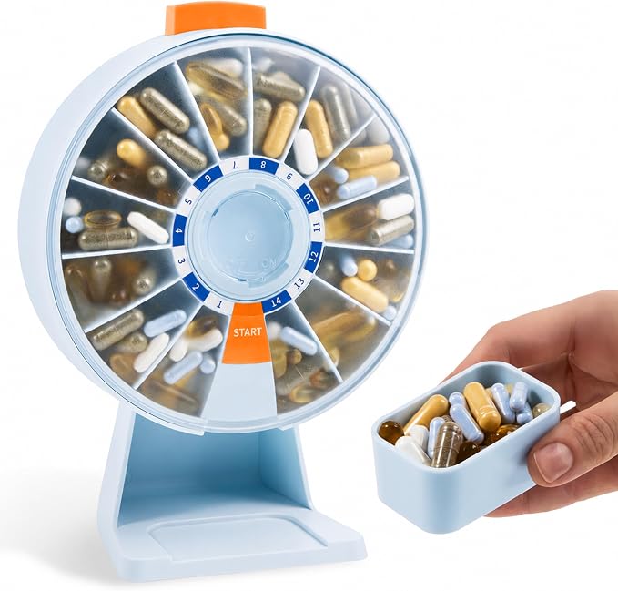 Pill Dispenser 14 Day – Rotating Medicine Organizer Wheel with Push Button, Wall Mounted or Desktop Manual Pill Dispenser for Elderly & Seniors, Large Capacity Vitamin & Medication Organizer