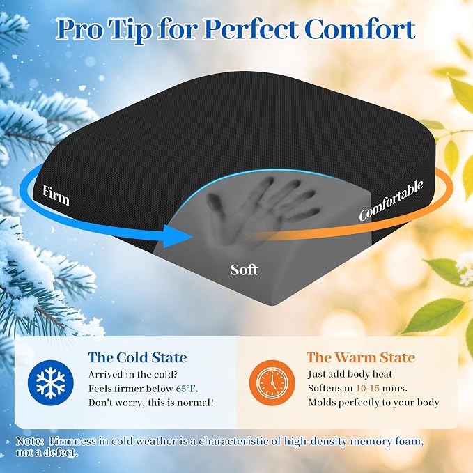 TranquilRelax Memory Foam Seat Cushion for Office Chair, 3-Inch, Black | Medium-firm Support for Long Sitting, Washable Mesh Cover, Non-slip Base, Perfect for Car Seats & Short Drivers
