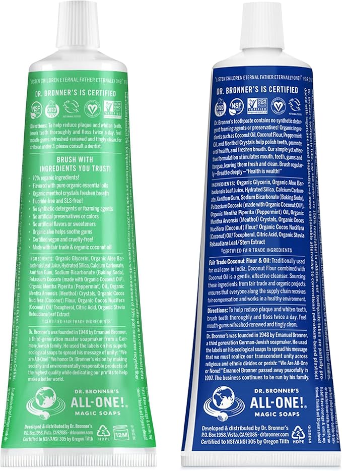 Dr. Bronner’s - All-One Toothpaste Variety Pack - Peppermint & Spearmint, 70% Organic Ingredients, Fluoride-Free, Helps Freshen Breath, Vegan (5oz, 4-Pack)
