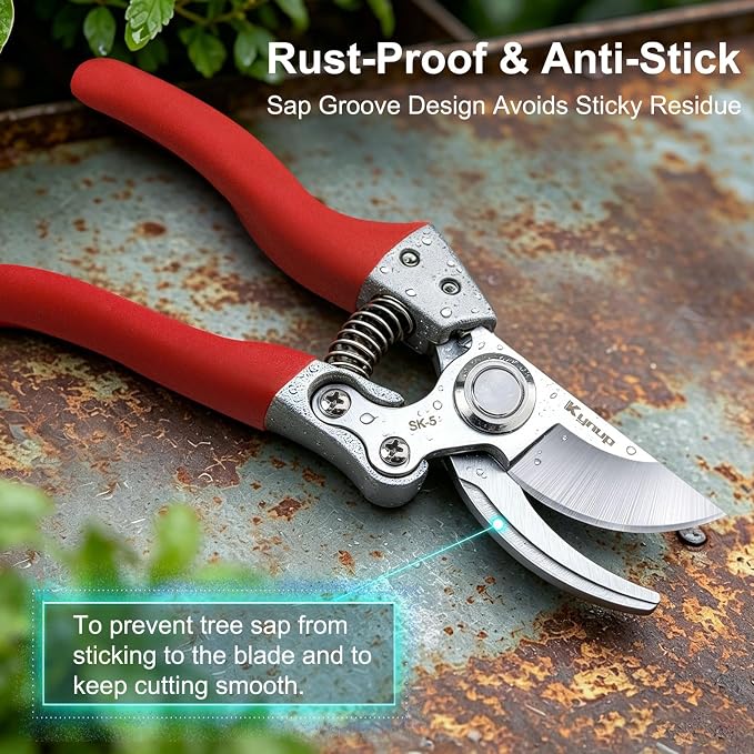 Kynup 8.6" Professional Pruning Shears for Gardening, SK5 Stainless Steel Garden Hand Pruners for Heavy Duty Clean Cuts 4X Easier, Garden Scissors for Arthritis Left Handed, Secure Safety Lock