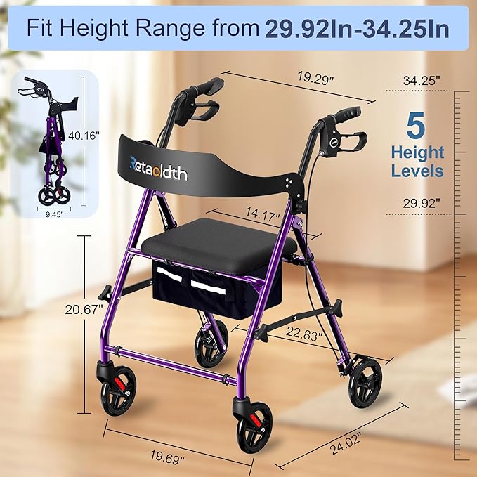 Foldable Rollator Walker with Seat for Seniors, All-Terrain Wheels, 350lb Capacity, Reinforced Inner Metal Rod for Easy Folding & One-Hand Carry, Lightweight Rolling Walker - Purple