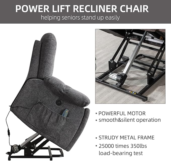 Power Lift Recliner Chair with Massage and Heat for Elderly, Overstuffed Wide Recliners, Heavy Duty and Safety Motion Reclining Mechanism with USB Ports, 2 Concealed Cup Holders, Smoke Gray