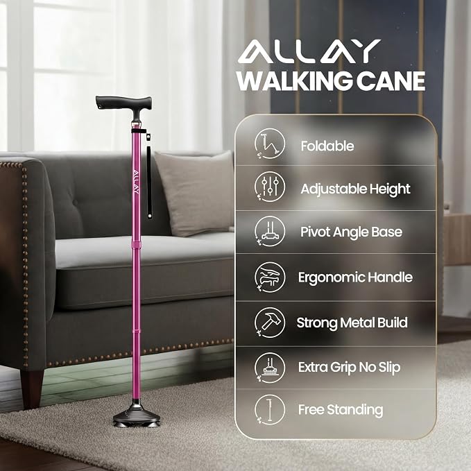 Allay Walking Canes for Men & Women - Adjustable Canes for Women for Stability, Self Standing Wide Quad Pivot Base, Light Weight, Soft Handle Grip and Travel Bag, Walking Sticks for Seniors