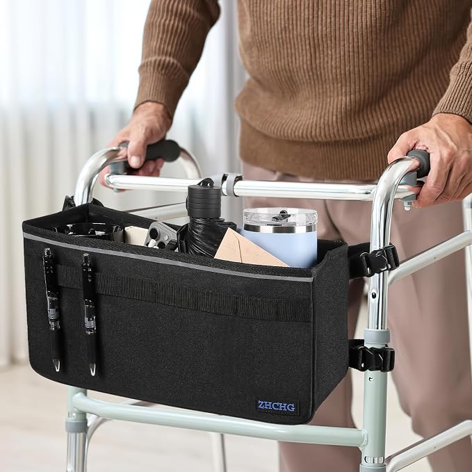 ZHCHG Walker Basket for Seniors, Walker Accessories Bag for Folding Walker | Large Capacity & Never Tipping Over, Best Gift- (Not Fit Rollator Walkers)- Black