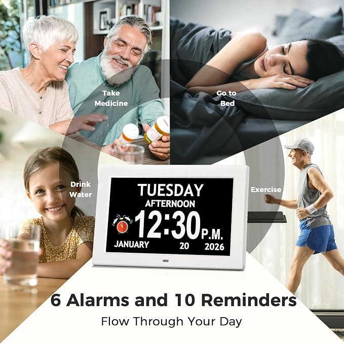 10.1'' Digital Clock With Date And Time, Large Display Dementia Alarm Clock | 1280*800P HD, Easy to See Date Time Day of Week, Reminders & Alarms, Auto DST, Gifts for Alzheimer Dementia Elderly, White