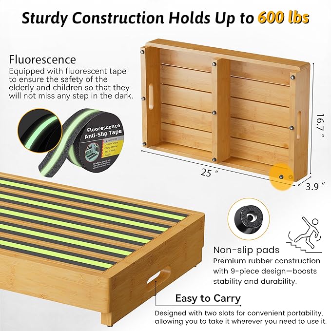 Homerays One Step Stool for Elderly,Bamboo High Riser Step Stool for Bed with Fluorescent Function No Assembly Required - 550 Lbs Wooden Mobility Stepping Stool for Bedside,Bathroom,Garden