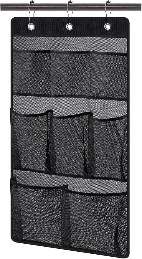 KIMBORA Mesh Shower Caddy Hanging Bathroom Organizer Storage with 2 Large Pockets 3 Rings Hang Curtain Rod for Dorm Cruise RV, Black