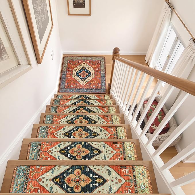 OJIA Stair Treads Non-Slip Matching Mat for Wooden Steps 31"x31" Stair Rugs | Square Capet Stair Treads Rubber Backing Stair Runner Anti-Slip Stair Landing Mat Stair Mats Carpet for Stairs