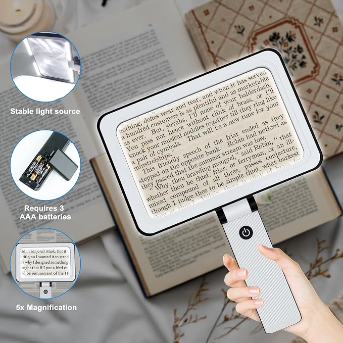 5X Tabletop Magnifying Glass with Light,Detachable and Foldable Acrylic Lenses Handheld Magnifying Glass,Lightweight Rectangular Flexible Gooseneck Magnifier for Seniors Reading、Close Work