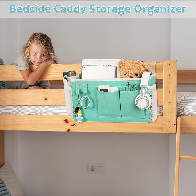 Bedside Caddy, Bedside Storage Bag Hanging Organizer for Bunk Dorm Bed Rail | Bed Caddy with Hooks, Top Bunks and Dorm Essentials for Water, Tissues, Tablets, Books, Phones, Remotes and Other Necessories