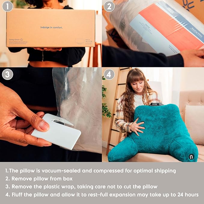 Nestl Fur Reading Pillow with Laptop Lap Desk, Stylish Back Pillow for Sitting Up, Lap Desk with Reading Pillows for Sitting in Bed Adult & Kids, Faux Fur Chair Pillow with Arms - Teal