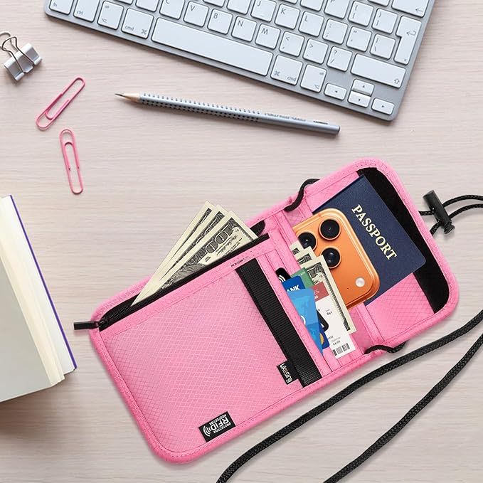 Likesing 5.5" L x 7.9" W Travel Neck Wallet, RFID Passport Holder(Pink) | RFID Blocking Passport Holder for Travel, Security Lightweight Passport Travel Wallet, Neck Pouch Gifts for Women Men