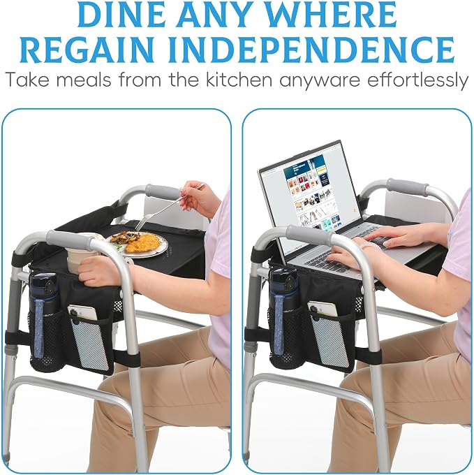 Tray for Walkers for Seniors with Cup Holder - Walker Accessories【w/Pockets, Cup Holder & Non Slip Mat for Food】Mobility Trays Fits Most Standard Folding Walkers, Easy & Removable Assembly
