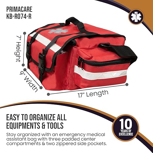 Primacare KB-RO74-R First Responder Trauma Bag, 17" x 9" x 7",Red-EMT/EMS Medical Supply Organizer with Padded Dividers,Multiple Compartments,Side Pockets,Reflective Strip,Durable Design (Pack of 12)