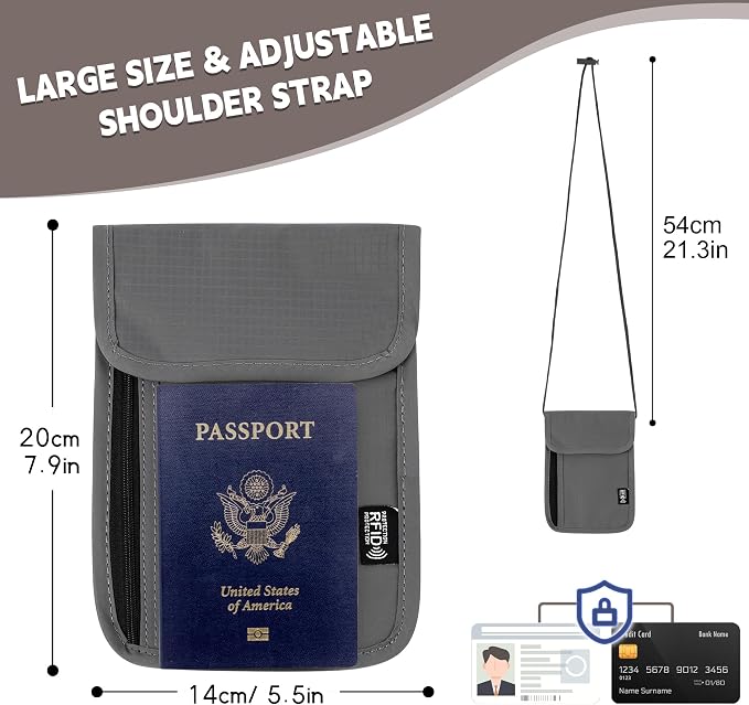 Likesing 5.5" L x 7.9" W Travel Neck Wallet, RFID Passport Holder (Grey) | RFID Blocking Passport Holder for Travel, Security Lightweight Passport Travel Wallet, Neck Pouch Gifts for Women Men
