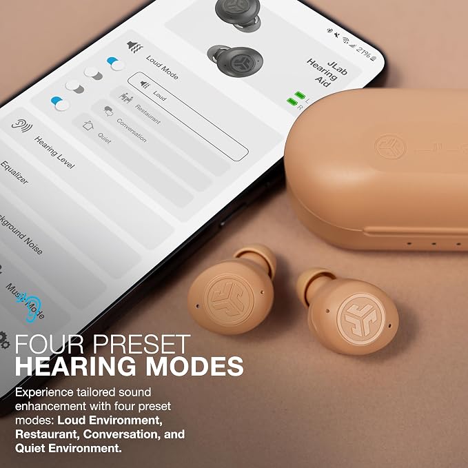 JLab, Hear, OTC Hearing Aid Earbuds, Bluetooth, Beige