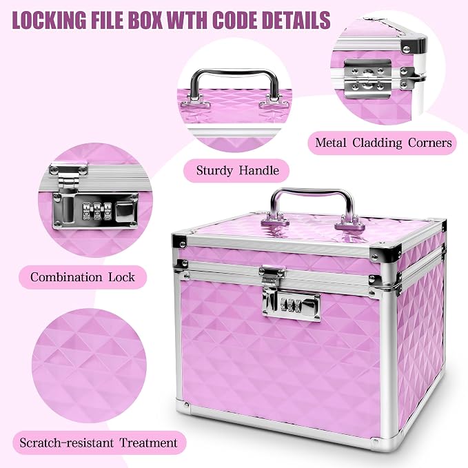 Medication Combination Lock Boxes with Code for Personal Items, Medicine Lockbox for Documents 10 x 7.25 x 7.75 Inches Plaid Pink
