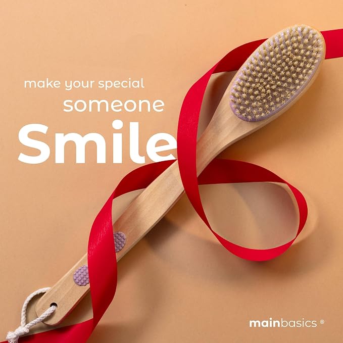 MainBasics Back Scrubber Shower Brush, Lavender, Long Handle | Dual Sided Body Brush, Exfoliating Bristles and Soft Bristles, Back Scrubbing, Deep Cleaning