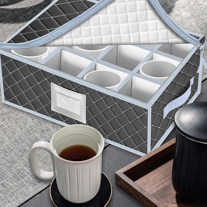China Dinnerware Storage Containers Set- Dish,Mug,Stemware Storage Cases - Quilted Box Bins Stackable with Divider,handles,Clear Window for Cups,Plates,Wine Glasses Moving Set of 6 (Grey