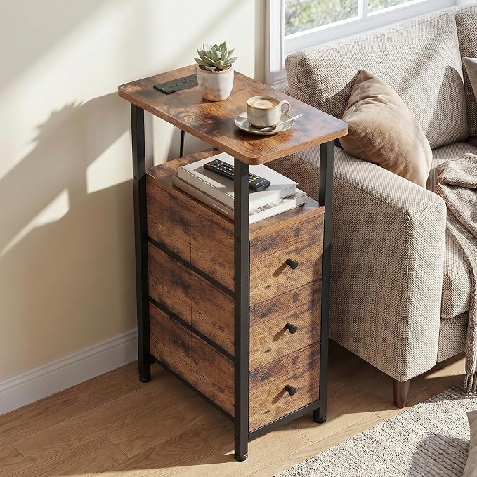 Narrow End Table with Charging Station, Small Nightstand | Skinny Side Tables Living Room with 3 Fabric Drawers, Slim Bedside Table for Bedroom, Small Spaces, Couch, Brown