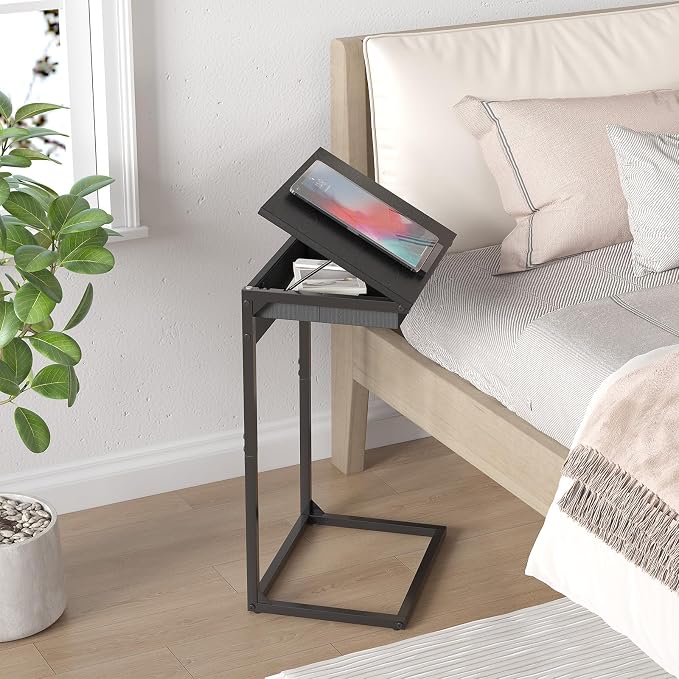 sthmec C Shaped End Table with Charging Station,45° Tiltable Adjustable Flip Top Side Table Set of 2,Small C Table Set 2 for Small Spaces,Slide Under Couch Sofa Bedside Table Living Room, Black