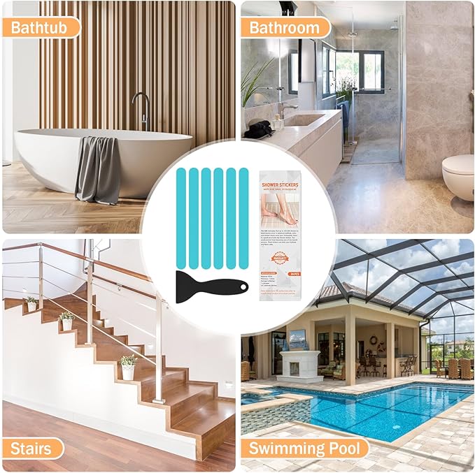 Non Slip Bathtub Stickers, 24 PCS Shower Stickers for Safety Bathroom Tubs, Bathtub Non Slip Stickers and Adhesive Decals Scraper for Bath Tub, Shower Floor, Stairs, Ladders (Blue)