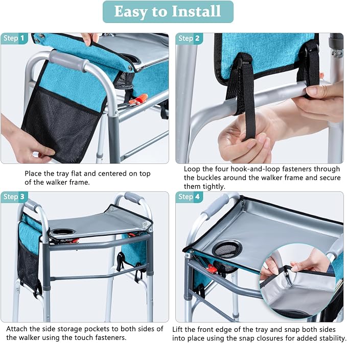 BAGSFY Walker Tray with Cup Holder & Side Pocket – Hard Top Walker Table for Seniors – Folding Walker Accessory for Meals, Reading, Drinks – Non-Slip Surface, Tool-Free Install, Universal Fit