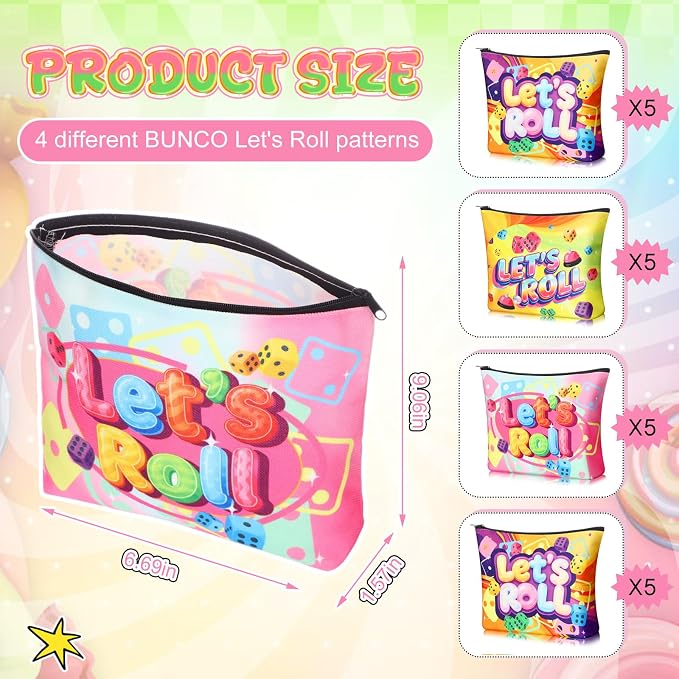 20 Pcs Bunco Gifts for Women Bunco Makeup Bags Let's Roll Game Makeup Bags Casino Lover Gifts Travel Zipper Pouch Dice Game Present Birthday Present for Women Players