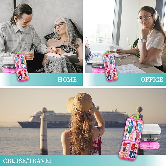 Pill Organizer with Medicine Labels, Travel Daily Pill Container, Mini Medication Organizer, 7-Day Pill Case, Set of 3 (Pink+White+Grey)