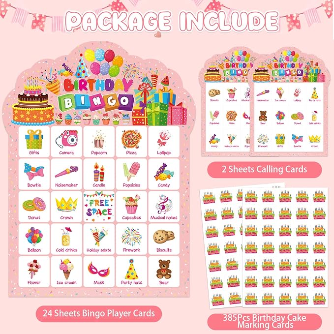 Birthday Bingo Game Cards, 24 Players Birthday Bingo Cards Party Games for Family Friends Adults Large Group Holiday Activities Supplies