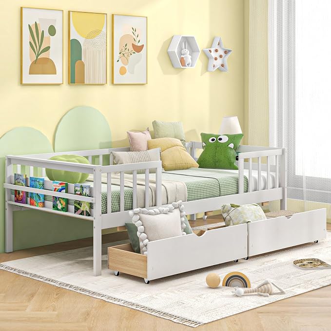 Giantex Twin Kids Bed with Storage Drawers, Wood Montessori Bed with Rails & Side Shelf, Low Daybed for Boys, Girls, No Box Spring Needed (White)