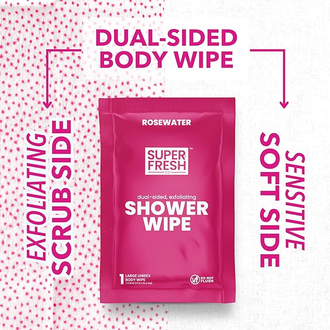 Super Fresh Shower Wipes Large Rosewater Body Wipes for No Rinse Bathing Personal Hygiene Gym Travel or Camping Enriched with Aloe and Vitamin E 10 Individually Wrapped Disposable Sheets