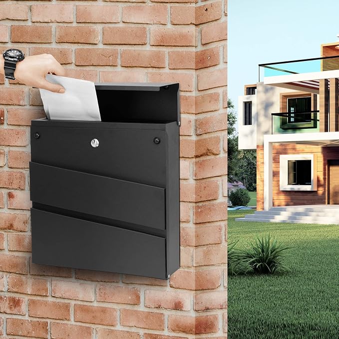 Wall-Mount Mailbox with Lock and Keys, Security Key Drop Box for House Outside, Locking Postbox, Steel Metal Rust-Proof Mail Box, 11.02 x 11.02 x 4.33 Inch, Black, MD002