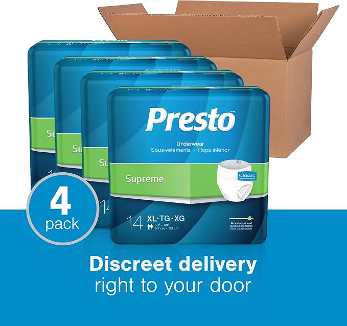 Presto Supreme Classic Unisex Protective Underwear, Adult X-Large (58"–68" Waist) - Maximum Absorbency, Incontinence Underwear with OdorSecure & MoistureLock Dual Core, 56 Count (4 Bags of 14)