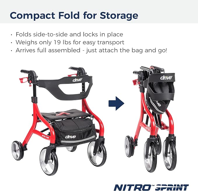 Drive Medical Nitro Sprint Rollator Walker with Seat, Petite Height, Red | Lightweight Rollator with Large Wheels Offers Short, Foldable Design for Seniors and Adults Every Day