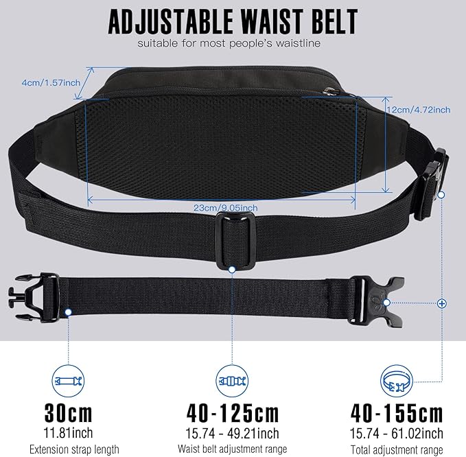 WATERFLY Small Fanny Pack Crossbody Lightweight Waist Bag for Woman Man | Adjustable extender strap, Slim compact, Water-resistant durable material, Breathable back pad, Multi-scene for travel, daily