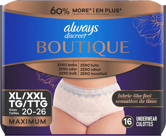 Always Discreet Boutique Black, Reimagined Adult Diapers for Women, Maximum Absorbency Incontinence and Postpartum Underwear Size XL/XXL, Fits and Feels Like Real Underwear, 16 Count