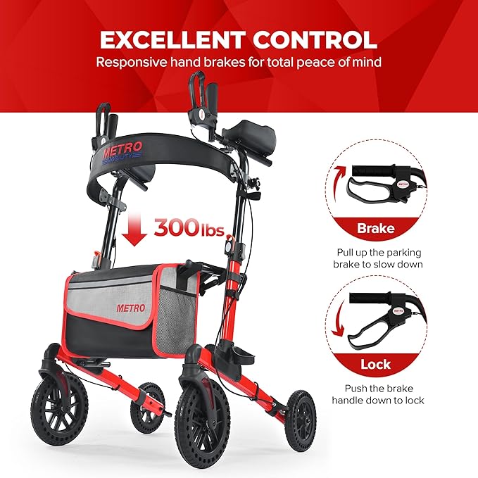 Metro Mobility Rollator Walker with Seat for Seniors, Foldable Lightweight Walkers for Seniors, 10" Big Front Shock-Absorbing Honeycomb Wheels for All Terrain, 300 lb. Weight Capacity, Red