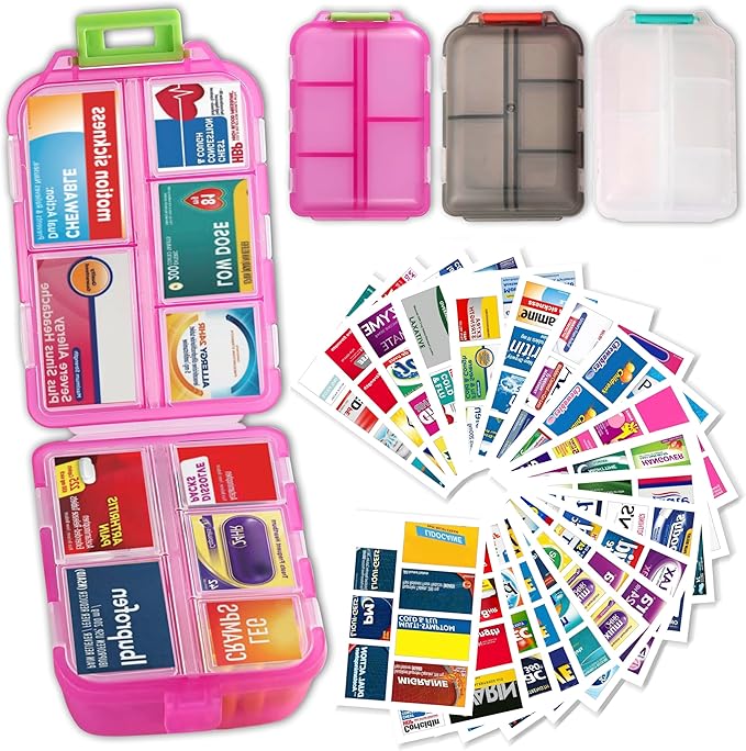Large Pill Organizer with Medicine Labels, Travel Daily Pill Container, Mini Medication Organizer, 7-Day Pill Case, Set of 3 (Pink+White+Grey)