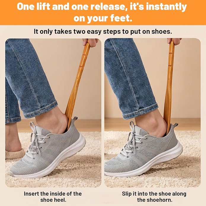 12.4inch Long Handle Wooden Shoe Horn | Wooden Shoe Spoon for Easy Wear, Shoes Helper for Seniors Pregnancy Men Women