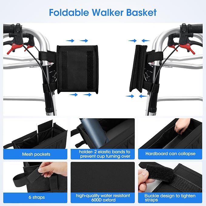 Dotday Upgraded Walker Basket with Cup Holder, Foldable Walker Bag | Basket for Walker for Senior, Walker Accessories for Folding Walker, Large Capacity, Never Tipping Over, Not Fit for Rollator