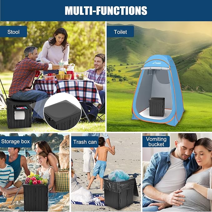 XL Portable Toilet for Adults, Extra Large 15.4"H Foldable Camping with Detachable Phone Shelf and Paper Holder, Waterproof Porta Potty Lid Camping, Hiking, Long Road Trips, Car