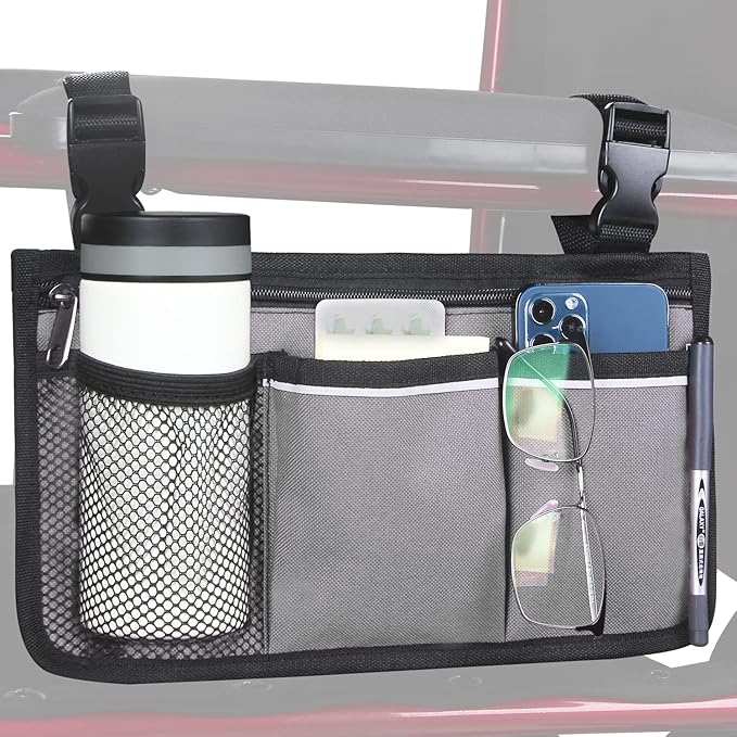 Wheelchair Side Bag, Armrest Storage Pouch with Cup Holder and Reflective Strip Use of Waterproof Fabric, for Most Wheelchairs, Walkers or Rollators (Gray)