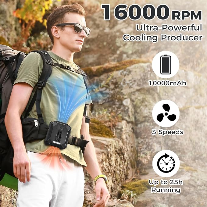 Portable Mini Waist Fan - Rechargeable Clip on Belt Wearable Body Fan, Max 25H Cooling, 3 Speeds 16000RPM Turbo Hands-Free Under-Shirt Neck Fan for Outdoor Jobsite Camping Traveling