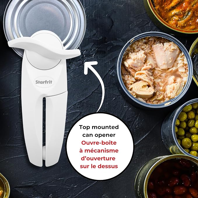 Starfrit Little Beaver Can Opener, Safe, Comfort Grip, White | Safe, Holds Lid and Leaves No Sharp Edges on Lid, Comfort Grip, 3-Year Warranty, White