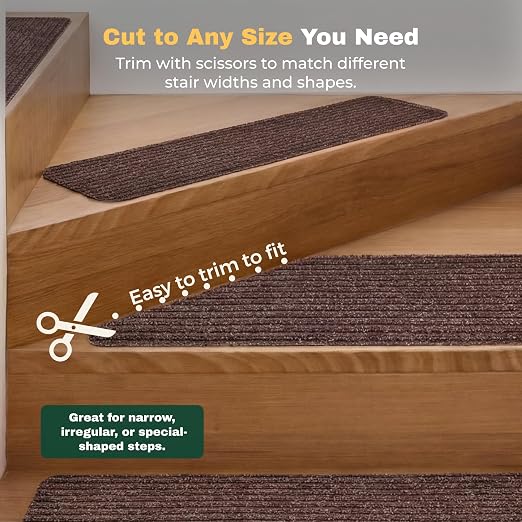 MBIGM 8" x 30" Non Slip Carpet Stair Treads Indoor (4 Pack), Non Skid Stair Rugs for Stairs, Slip Resistant Stair Runner for Kids, Seniors & Pets, Reusable Adhesive, Brown