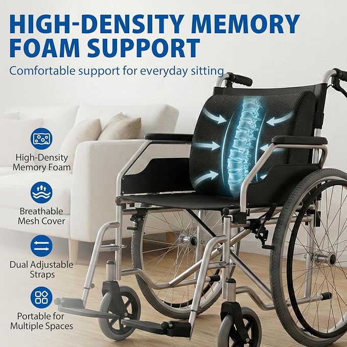 Blue Jay Memory Foam Lumbar Support for Wheelchair - Orthopedic Back Cushion for Elderly, Posture Correction & Lower Back Pressure Relief - Breathable Mesh