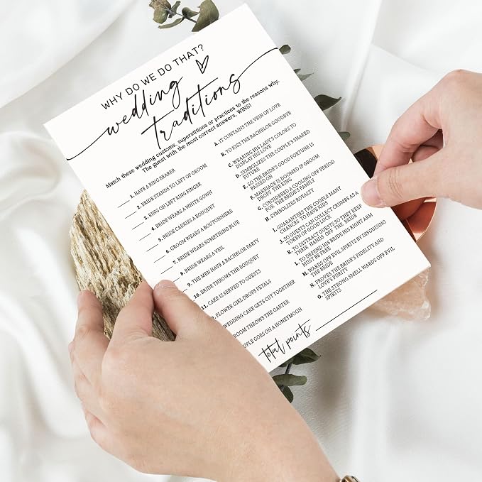 Bridal Shower Game Cards, Why Do We Do That Fun Icebreaker for Engagement Party Guests, 25 Cards with Answer Key, Minimalist White Wedding Shower Party Supplies - A08-3