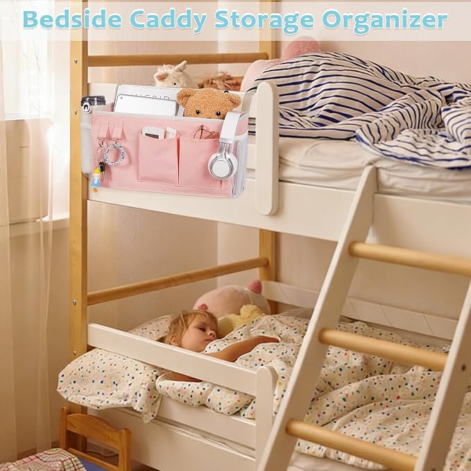 Bedside Caddy, Bedside Storage Bag Hanging Organizer for Bunk Dorm Bed Rail | Bed Caddy with Hooks, Top Bunks and Dorm Essentials for Water, Tissues, Tablets, Books, Phones, Remotes and Other Necessories