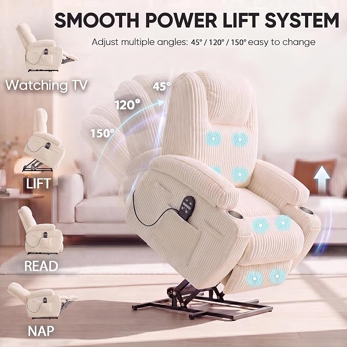 Flamaker Power Lift Chair Massage Recliner Chairs for Elderly | Ergonomic Lift Recliner Design with Cup Holders & Side Pockets, Remote Control (Corduroy, White)